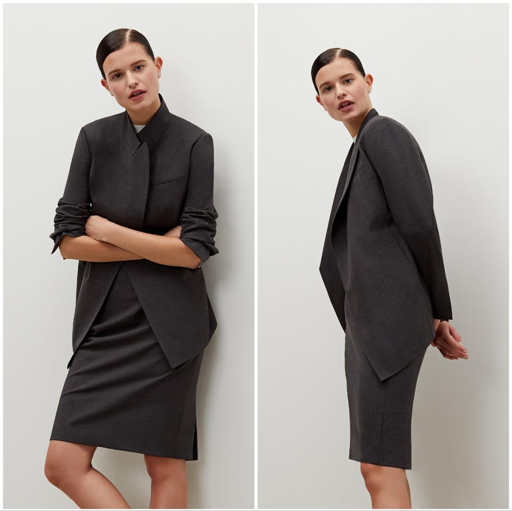 Women's Dark Gray Asymmetric Long Blazer Jacket - Picture 2 of 13